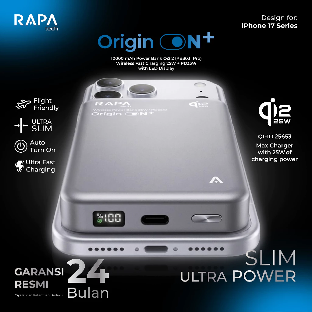 RAPAtech Wireless Power Bank 3C/CCC 10.000 mAh Qi2.2 Fast Wireless Charging 25W for iPhone 17 16 15 Origin ON+ PD35W Wireless 25W LED Display Powerbank Magsafe - ULTRA SLIM Powerbank for Iphone & Android - foto 1