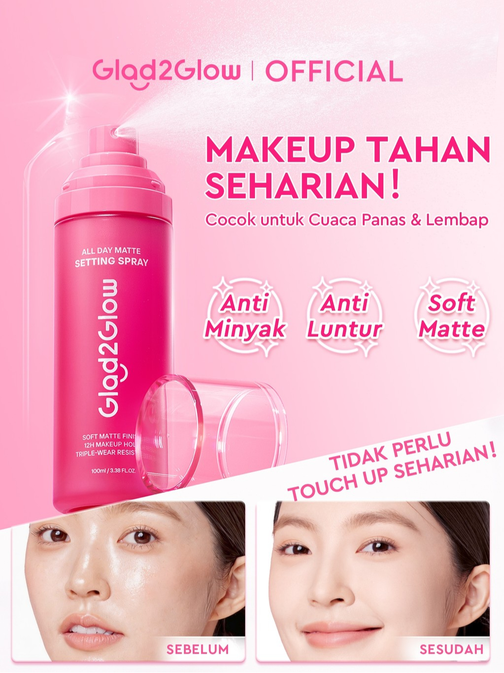 Jual Glad2Glow All Day Matte Setting Spray Make up Flawless | 12H Tahan ...