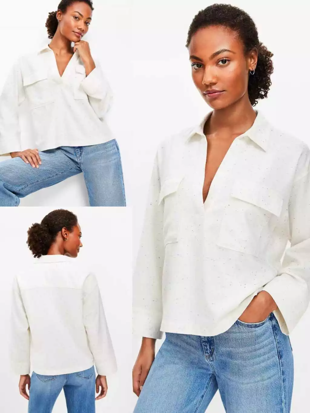 Atasan Kemeja Lengan Panjang - Petite Flecked V-Neck Pocket Popover - 2211