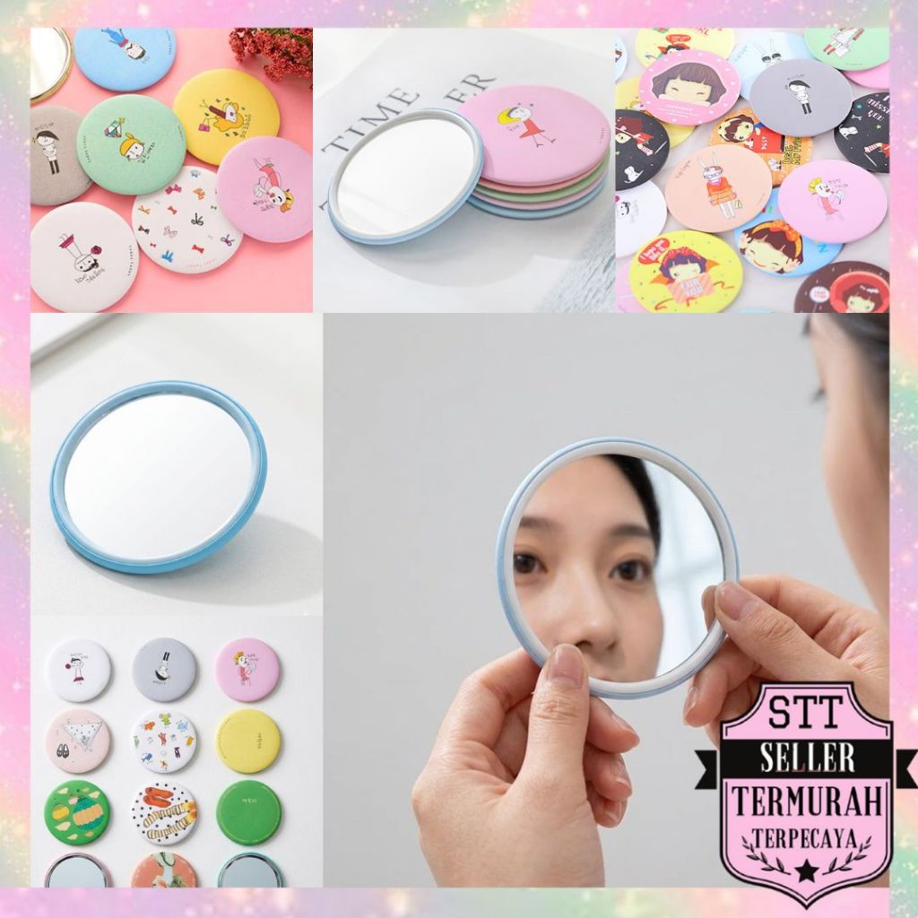 STT Cermin Bulat Karakter Kaca Cermin Make Up Mini Kaca Travelling Motif Lucu Kaca Mini Travel Size