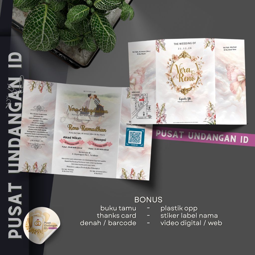 Jual Undangan Pernikahan Lipat Tiga Eksklusif Motif Bunga Pastel, Bonus ...