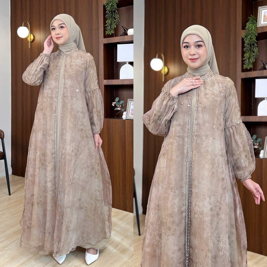 NNFASHION ~ SEILA DRESS SET HIJAB Gamis Wanita Muslim Dewasa Remaja Ibu Ibu Motif Organza