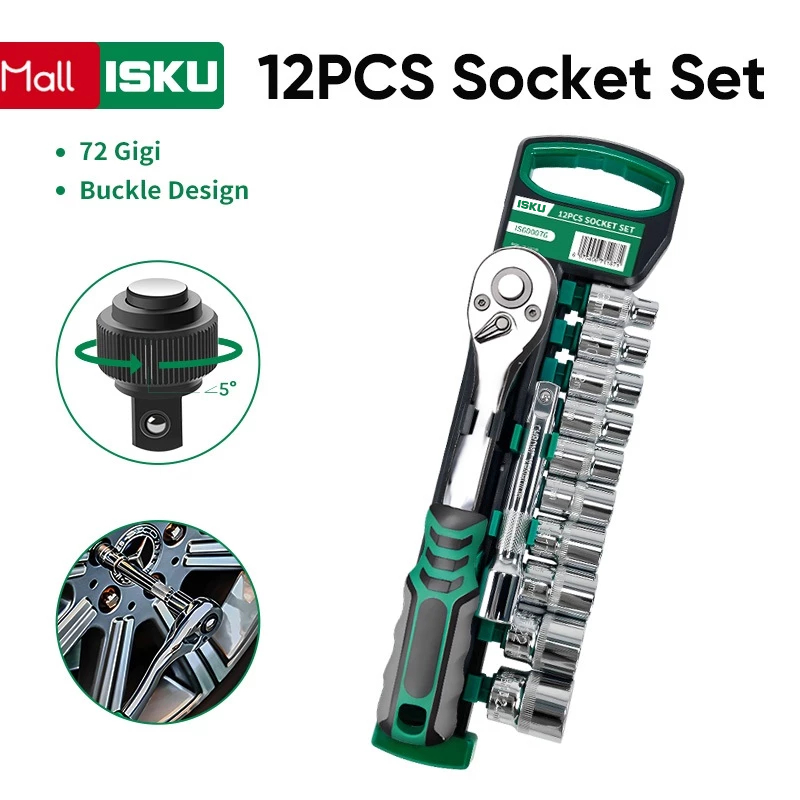 ISKU Kunci Shock 12Pcs Drive Socket 1/2 Inch Socket Wrench Set 8-24mm Dan 10Inch Extension Bar Bahan Chrome Vanadium Kunci Pas Rachet 1/2 Inch