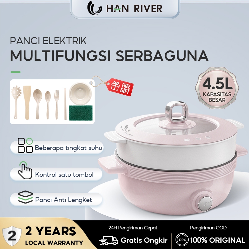 HAN RIVER Panci Listrik 4.5L Anti Lengket Multifungsi 2 Tingkat Kukus Rebus Untuk 4-8 Orang