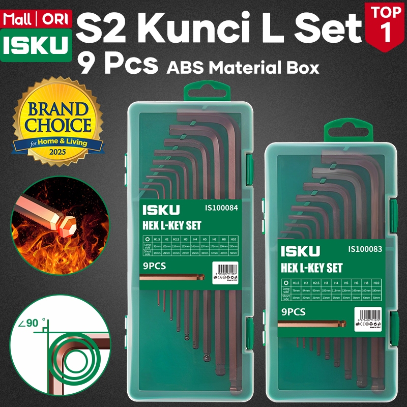 ISKU Kunci L Set S2 Steel Ball Point 9 Pcs Extra Long Hex Key Set Allen Wrench Kunci L Panjang Kepala Bulat Segi Enam Anti Slek Kuat Hardened HRC 60+ Alat Bengkel Motor Mobil Tool Kit Set L Key S2 Asli Premium