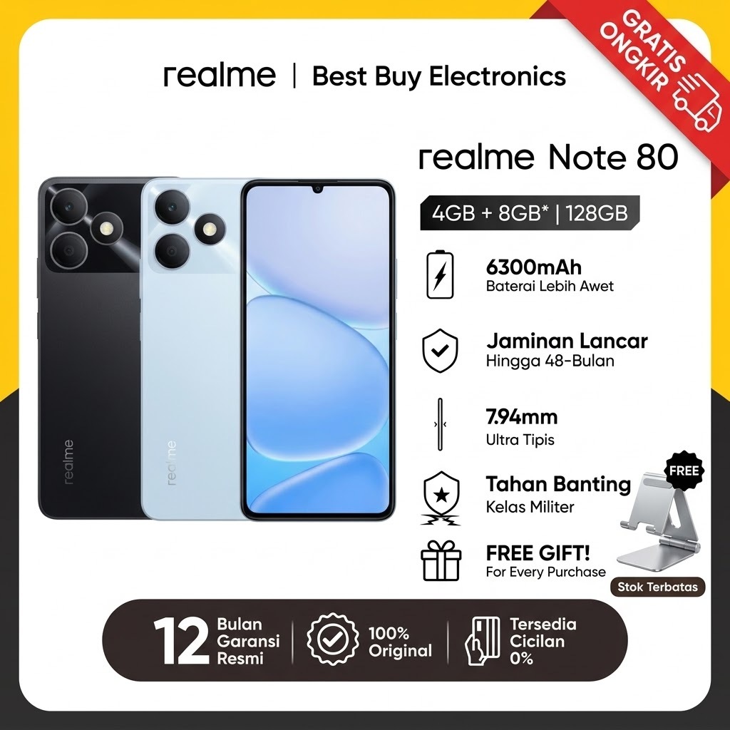Garansi Resmi realme Indonesia Realme Note 80 4/128GB Baterai 6300mAh Layar 90Hz IP54 Tahan Debu Air HP Promo Murah Terlaris