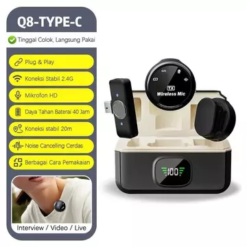 Q8 Wireless Microphone 2.4GHz Magnetik Suction Lavalier Mikrofon Peredam Bising Daya Tahan