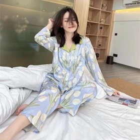 Set Piyama Wanita Gaya Minimalis Motif Tulip Baju Tidur Satin Import Homewear Set PD006