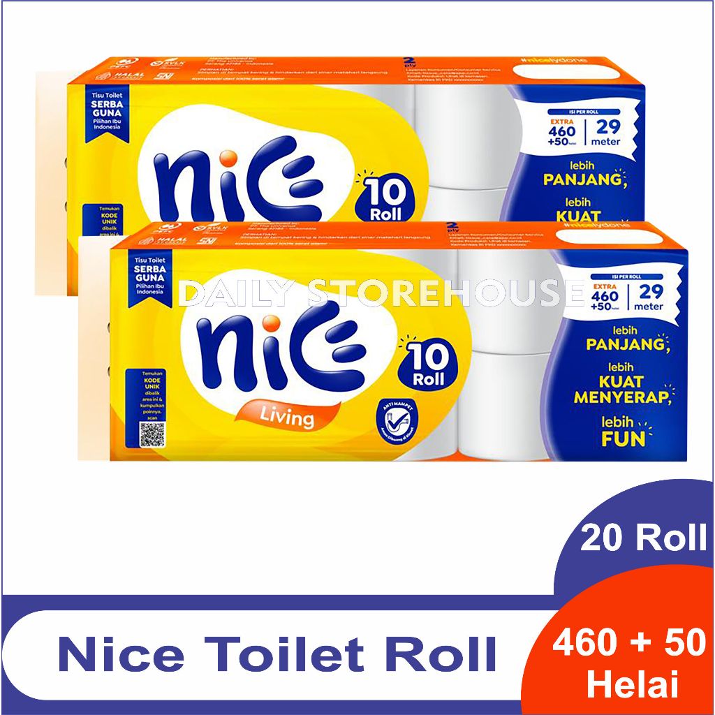 Paket 2 Pack Nice Living Toilet Core Emboss 20 Roll 460+50 Helai Tisu Toilet Gulung Ada Tulang Karton