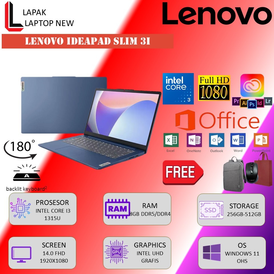 Lenovo Ideapad Slim 3 14 Intel I3 1315U Ram 16GB SSD 512GB 14 Inch Windows 11 Home + OHS Original Grey