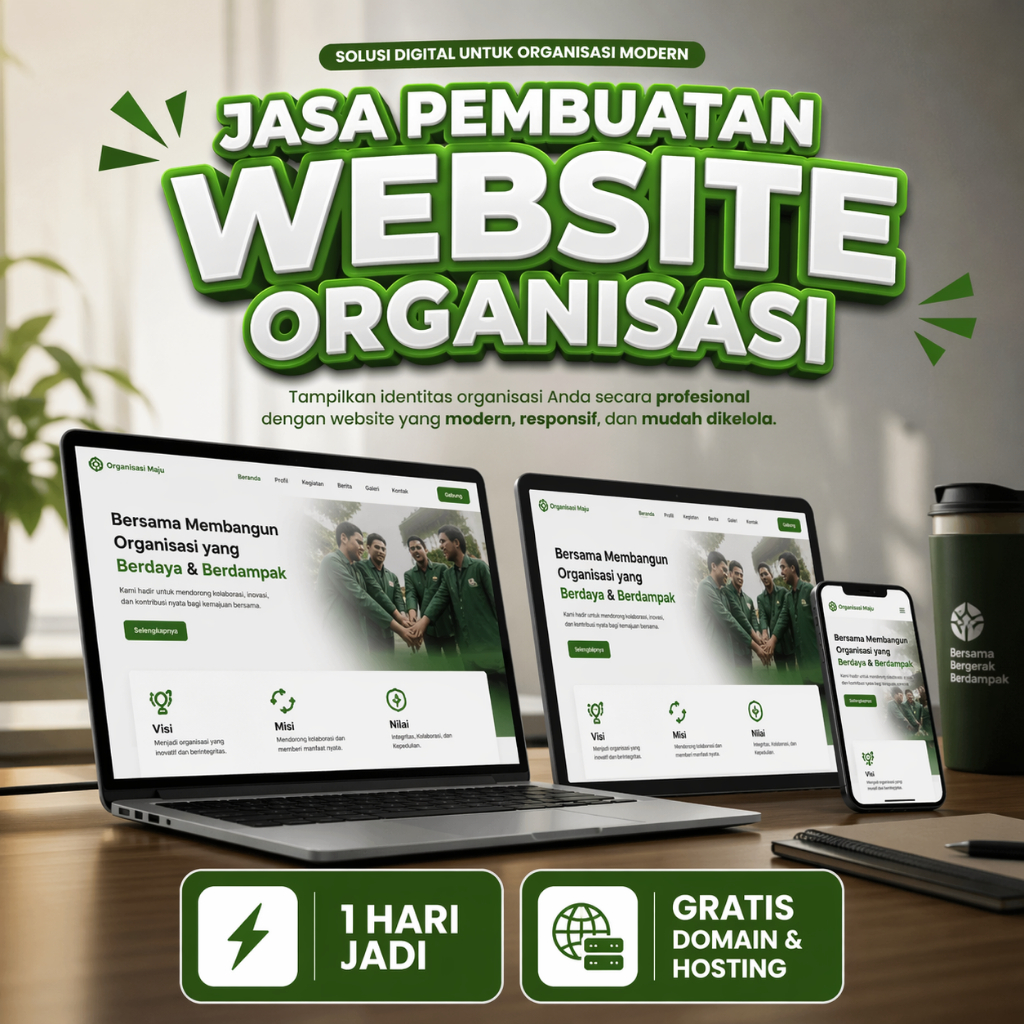 Website Organisasi - Domain Hosting 1 Tahun - Optimasi Google Dasar - Web Komunitas - Web Non Profit - Jasa Buat Web Lembaga - Jasa Pembuatan Website Yayasan - Website Komunitas