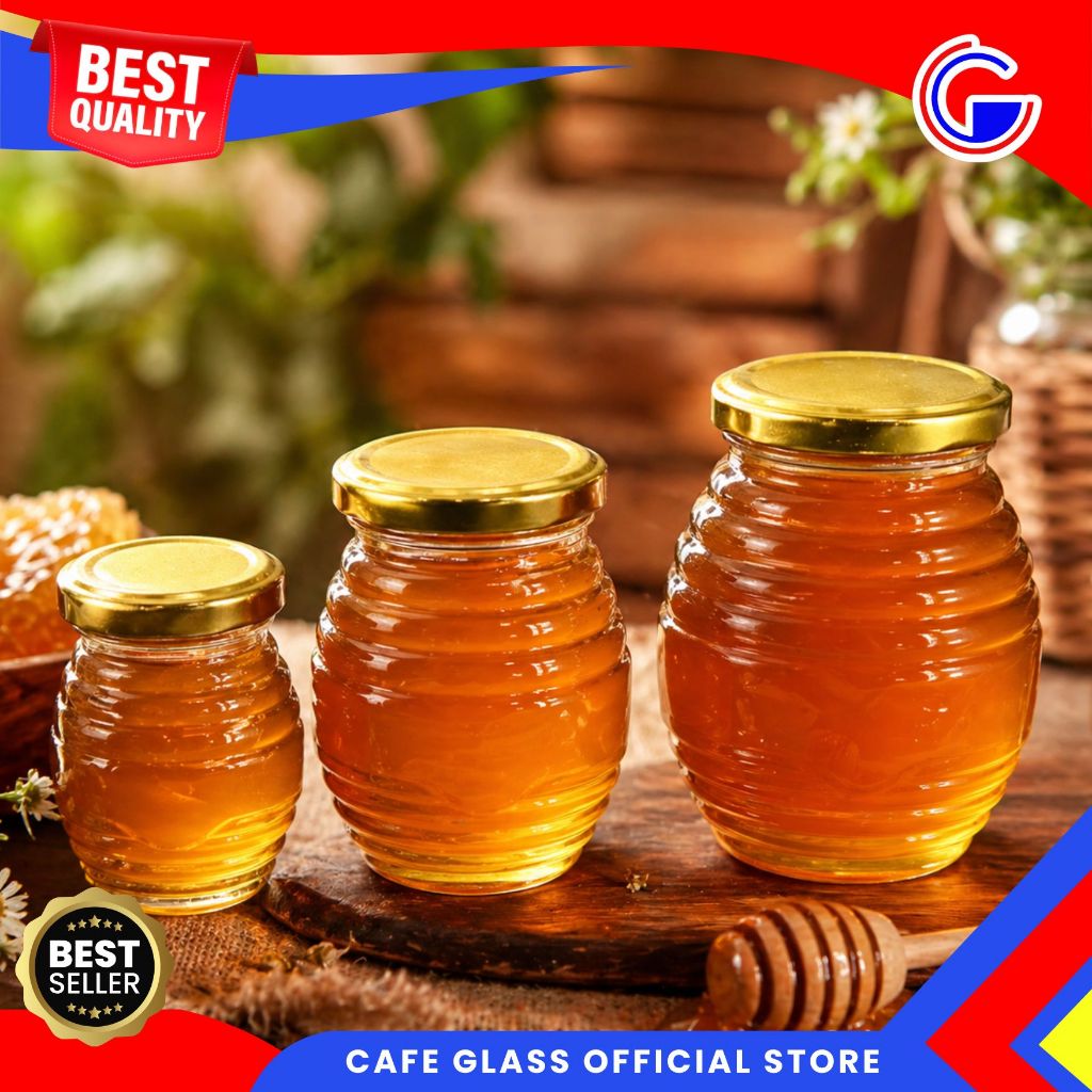 Botol Kaca Ulir Tutup Gold - Toples Madu Kaca Aesthetic - Botol Kaca Aesthetic 70ml/160ml/340ml