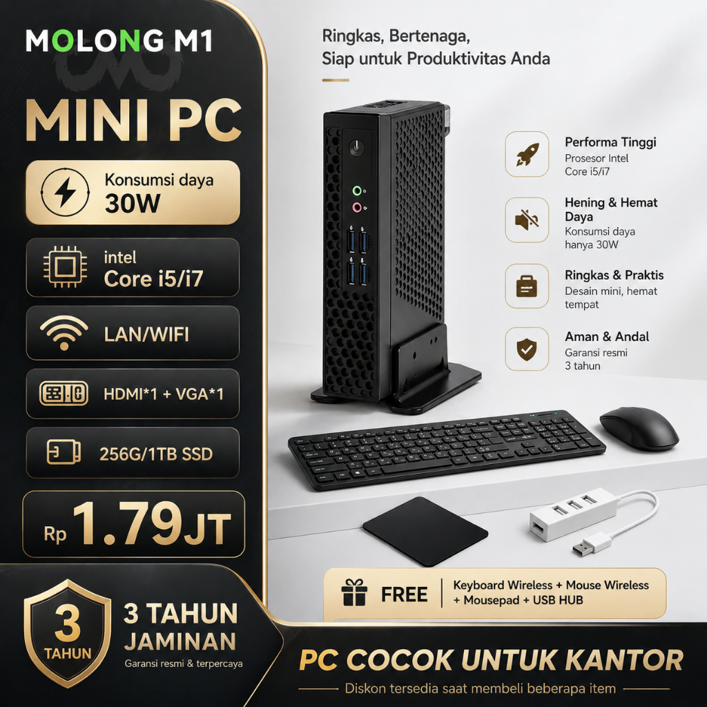 MOLONG mini pc Intel i5/i7 baru full set lengkap komputer desktop kantor rumahan berdaya rendah dengan keyboard dan mouse