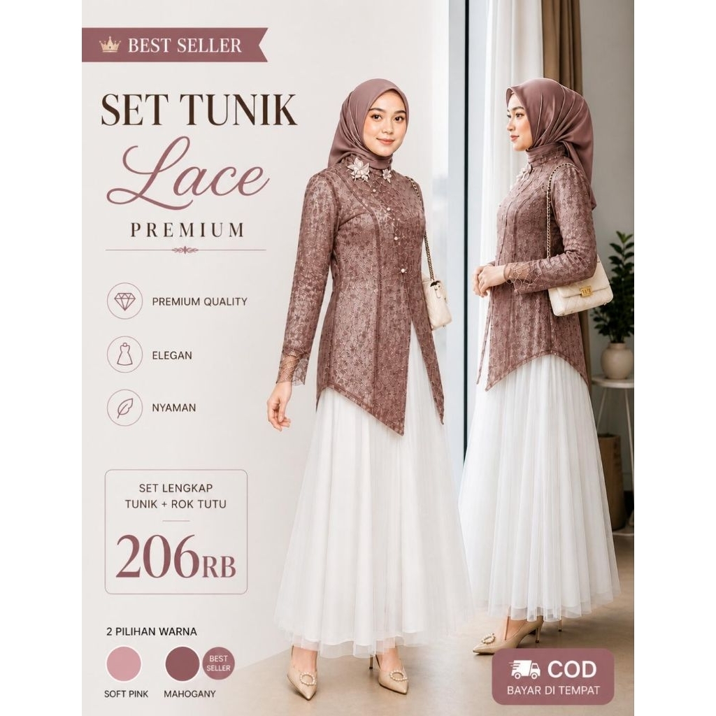 Jual Set Tunik Lace Wanita Elegan Azrina-Outer Inner Rok Tutu-Baju ...