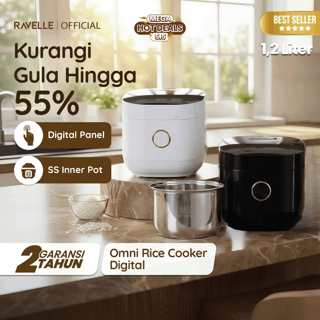 Product image Ravelle OMNI Rice Cooker Digital Low Carbo Less Sugar  1.2 Liter Nasi (3 Liter)  Stainless Steel inner Pot   - Penanak Nasi - Low Watt 1