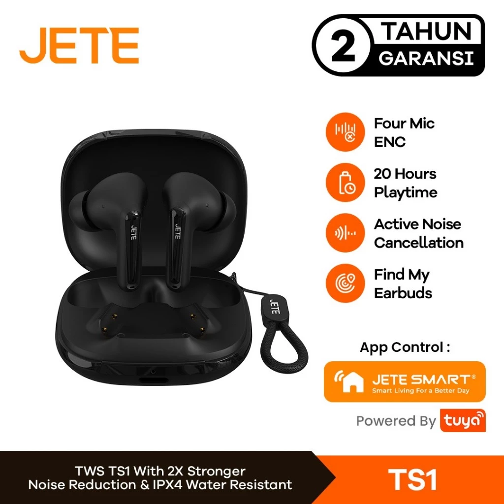 TWS JETE TS1 Headset Bluetooth V6.0 ANC NOISE CANCELLING IPX4 Super Bass Wireless Earphone Gaming mode ENC 4 Mic Type C charging
