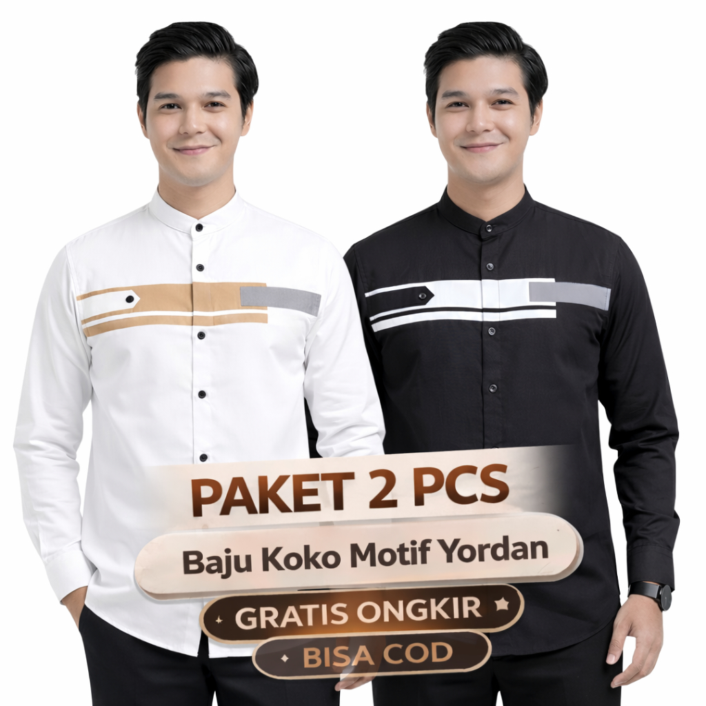 Paket 2 Pcs Baju Koko Pria Dewasa Lengan Panjang Motif Yordan Series Muslim Hadroh Azzahir M L XL