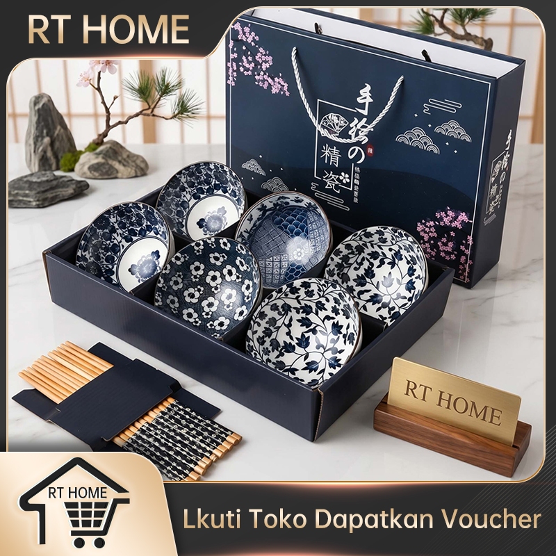 RT HOME Souvenir mangkuk set porselen biru dan putih bermutu tinggi mangkuk keramik kotak hadiah mangkuk Jepang kado pernikahan mangkok Mangkok Keramik