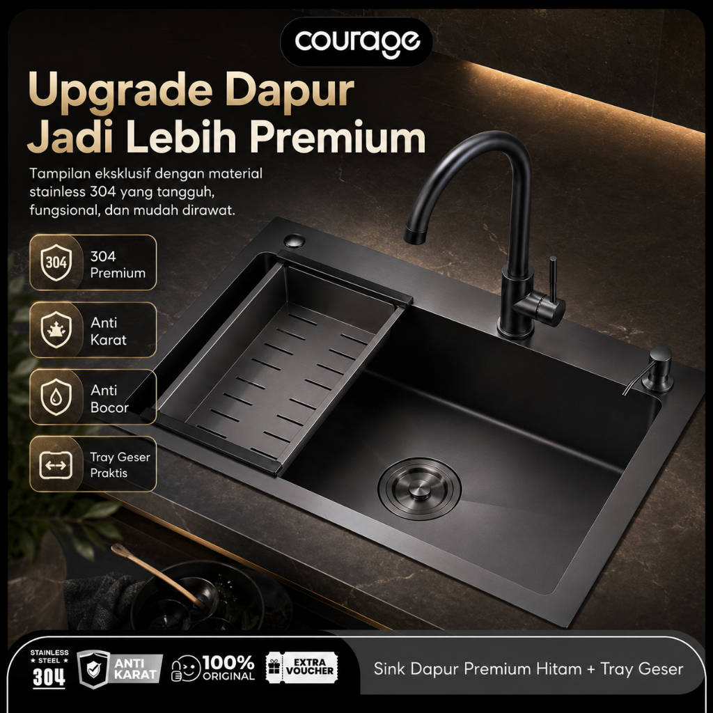 COURAGE Set Bak Cuci Piring Wastafel Sink 50/50/75/80 cm Stainless Steel 3mm Dengan Kran dan Peniris