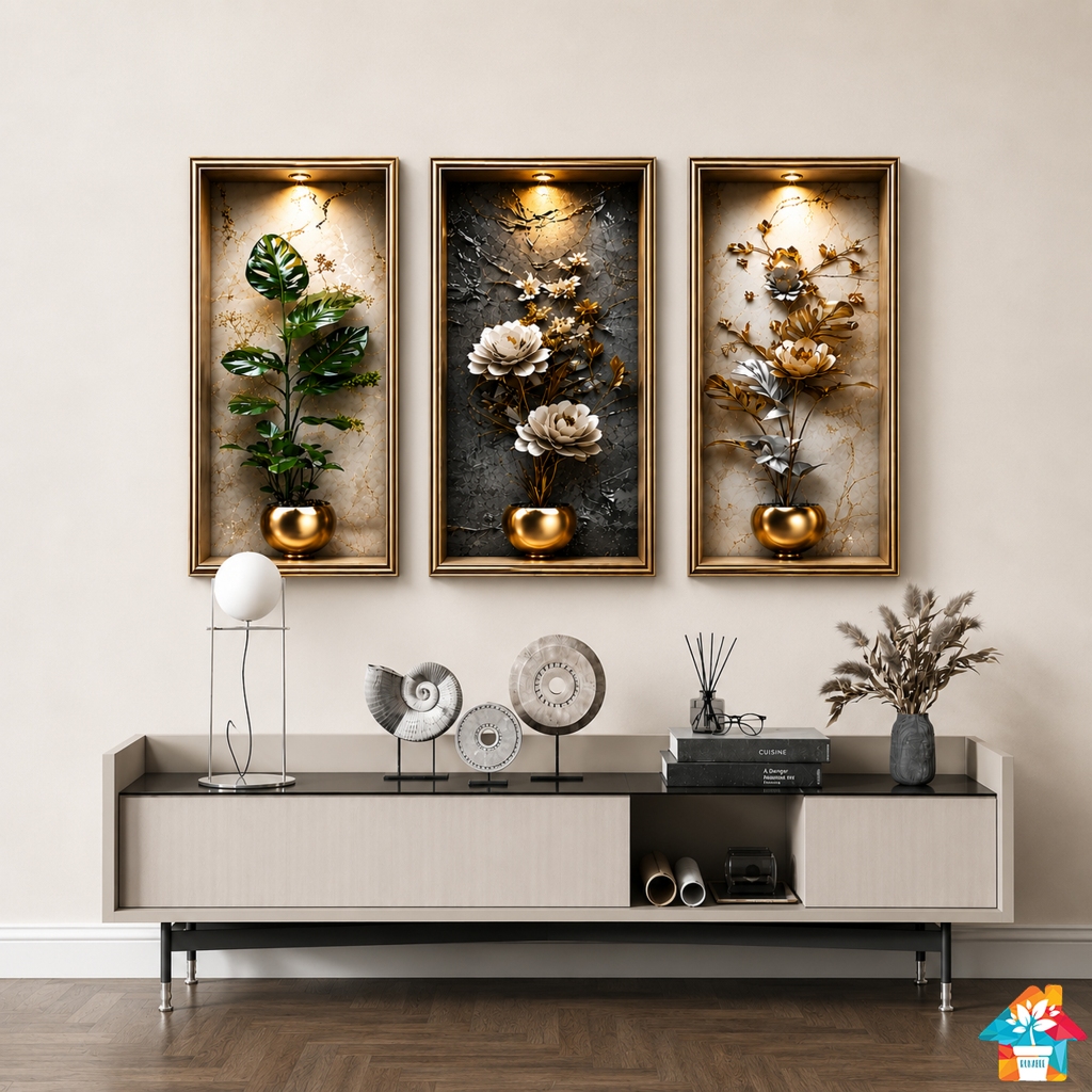 RUNABEE Hiasan Dinding Luxury Flower Series Set 3 Panel 60x40cm Dekorasi Ruang Tamu Elegan Premium