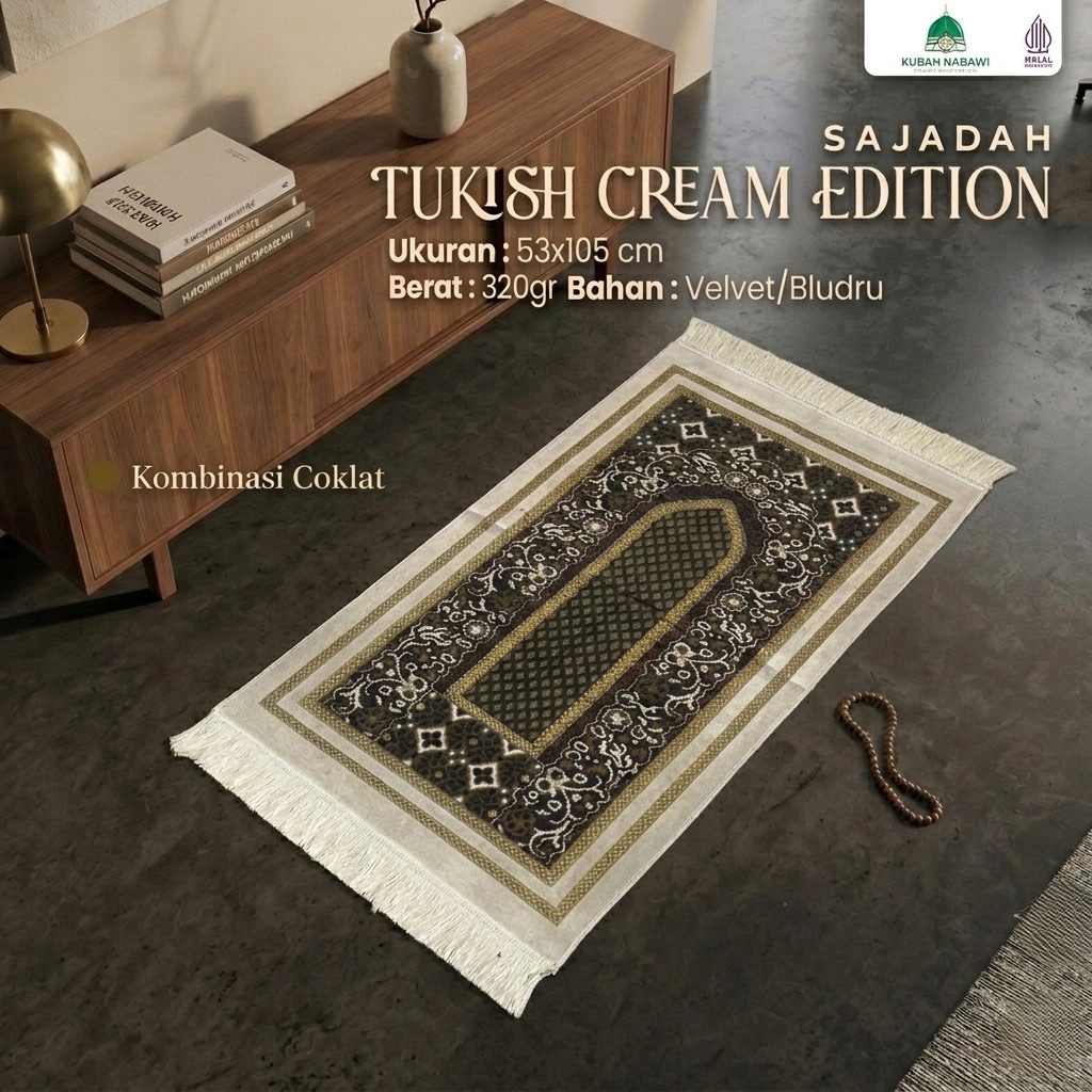 TURKISH KREM EDITION 53x105 cm| Sajadah Turkiye Beludru Halus Jumbo Tebal Empuk Krem Series Dewasa