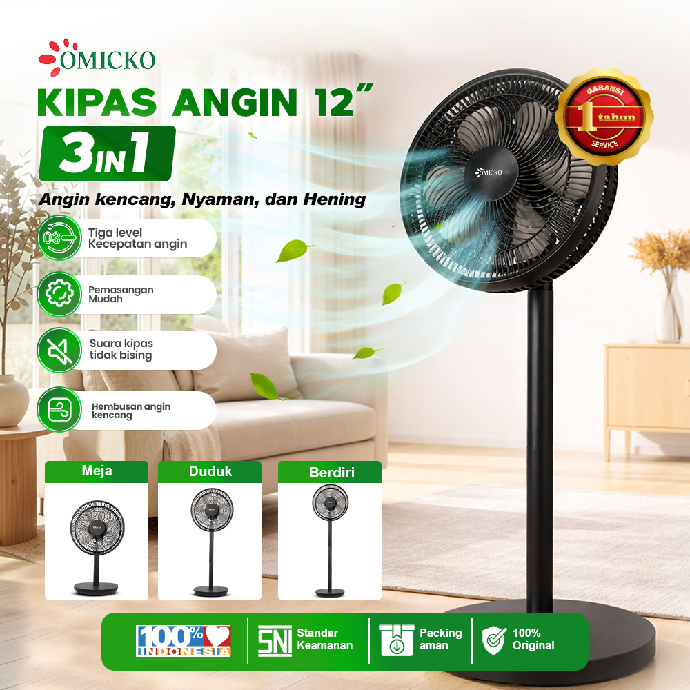 Omicko-Kipas Angin 12 Inch Hitam Elegan 3in1 3 Tingkat Kecepatan Angin Hemat Listrik/Kipas Meja/Duduk/Berdiri