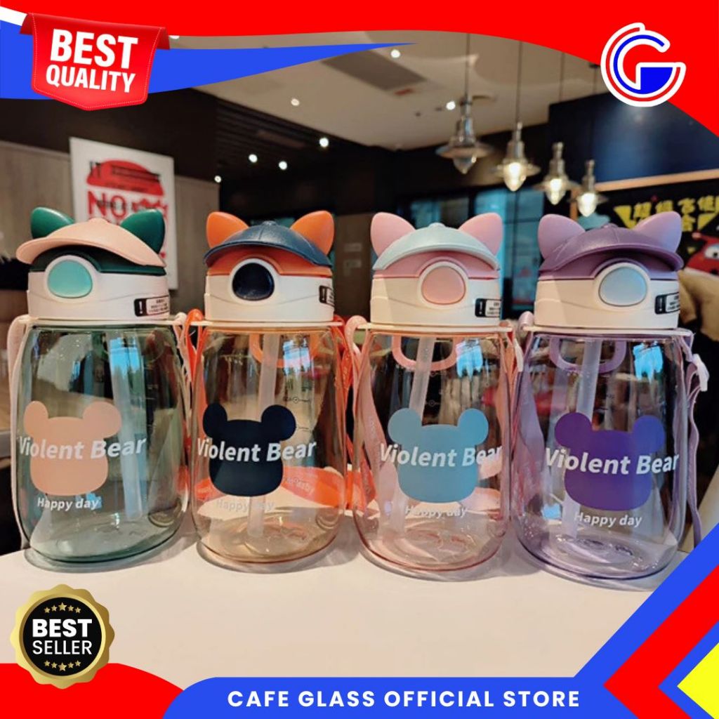 Botol Minum Karakter Violent Bear 650Ml - Tumblr Anak Tali Strap Panjang - Botol Minum Anak Lucu