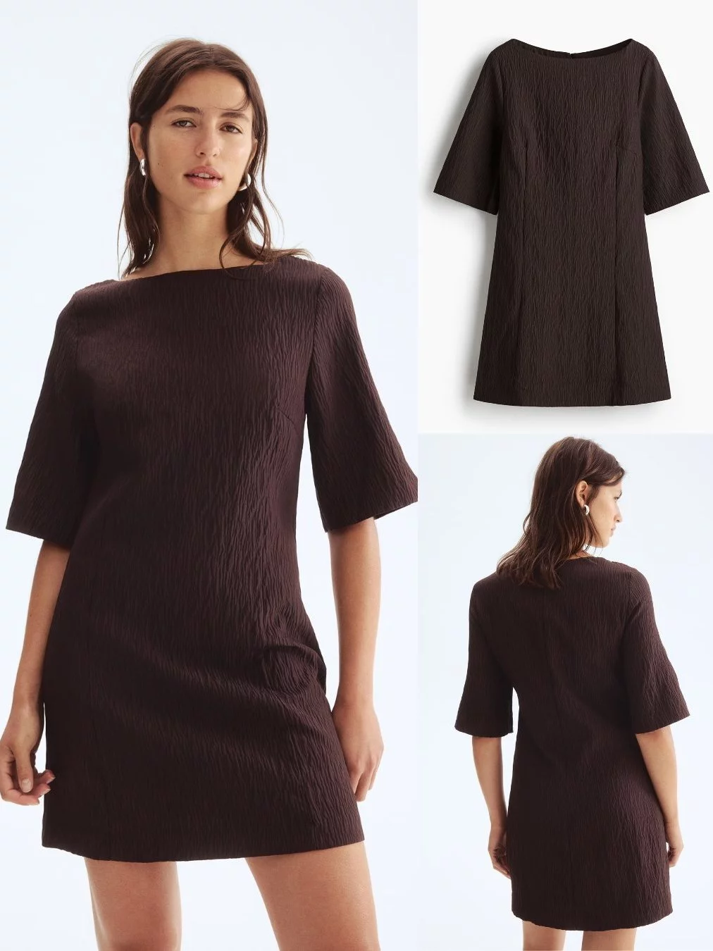 Mini Dress HM Elbow Sleeve Leher Boat-Neck Bahan Tekstur Mewah - 2453