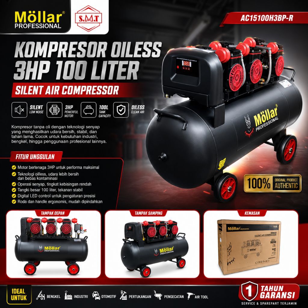 Jual Kompresor Oiless 3 HP 100 Liter MOLLAR AC15100H3BPR Silent ...