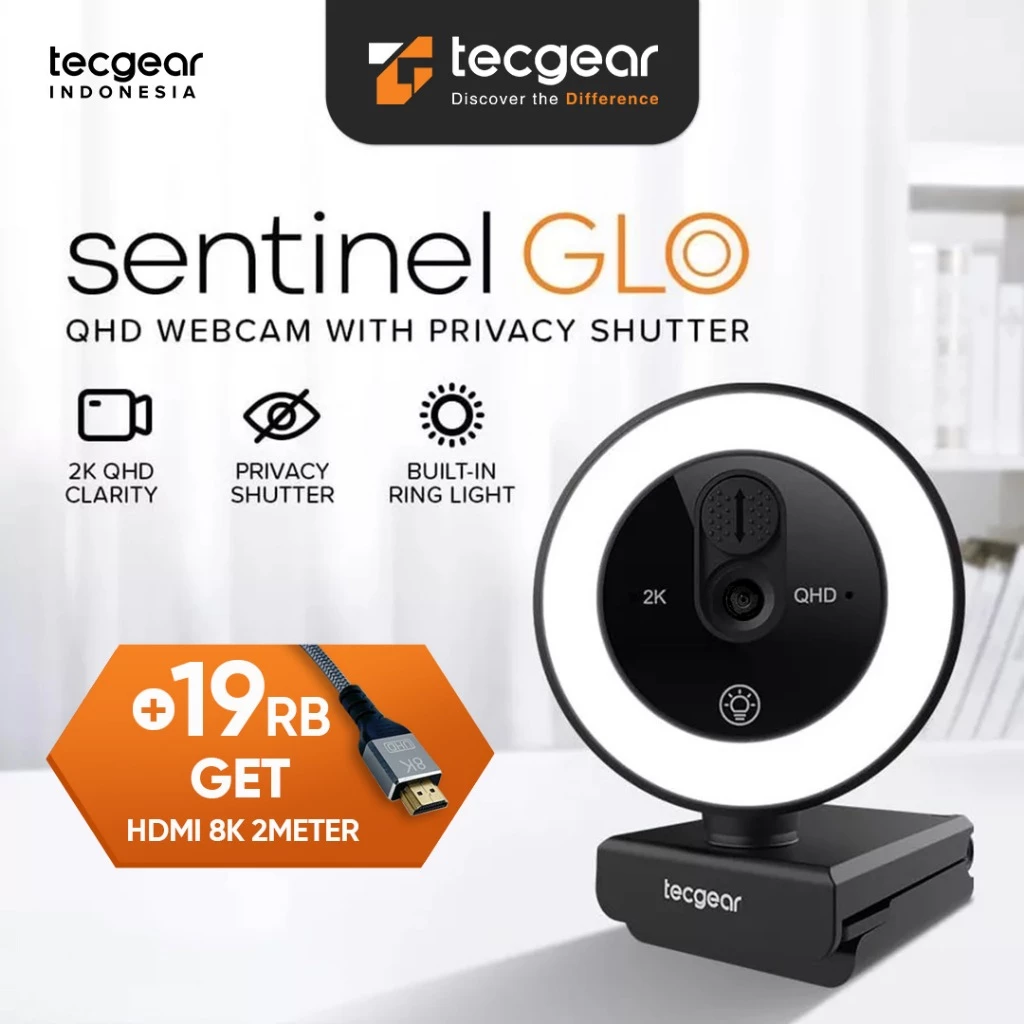 Sentinel Glo, 2K Webcam with Ring Light, Built-in Privacy Shutter, Auto Focus QHD Resolution Privacy Lens Cover, Built-in Microphone