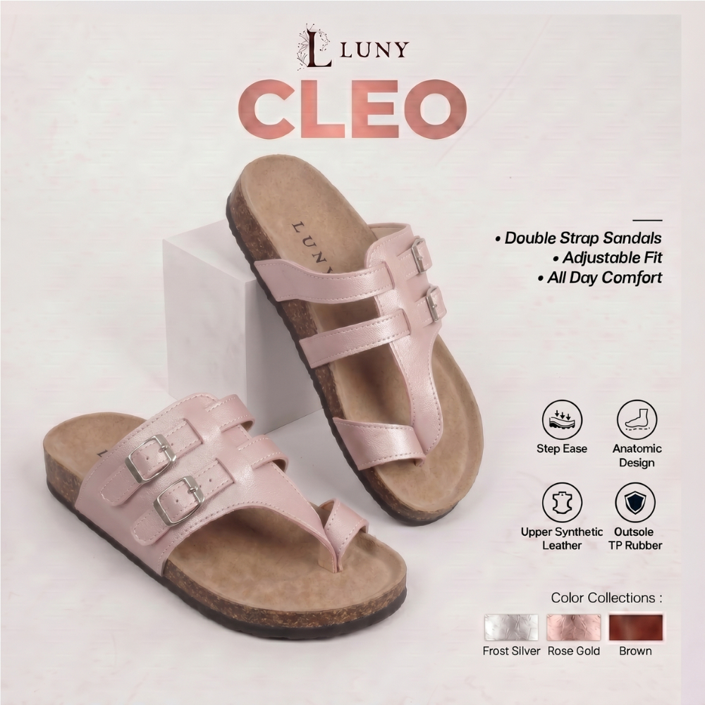 LUNY CLEO Sandal Double Strap Adjustable Buckle Casual Sendal Footbed Sol Karet Desain Anatomis Tinggi 3 Cm