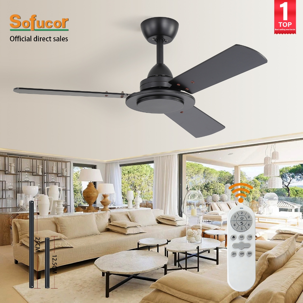 Sofucor Hot selling in Indonesia! American retro style 42" black/brown ceiling fan 3-blade dual-color solid wood blades with remote control 6 wind speed settings quiet and energy-saving DC motor Kamar Tidur/Ruang Makan/Kamar Anak Resor Kipas angin listrik