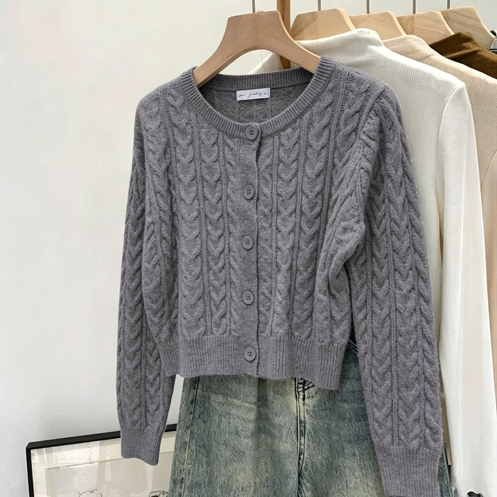 Jual Cardigan Rajut Wanita Abu-abu Motif Twist - Outer Rajut Lengan ...