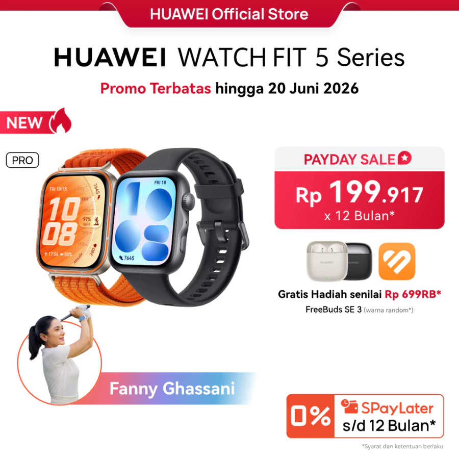 Huawei Watch Fit 5 Series tampilan depan layar AMOLED cerah
