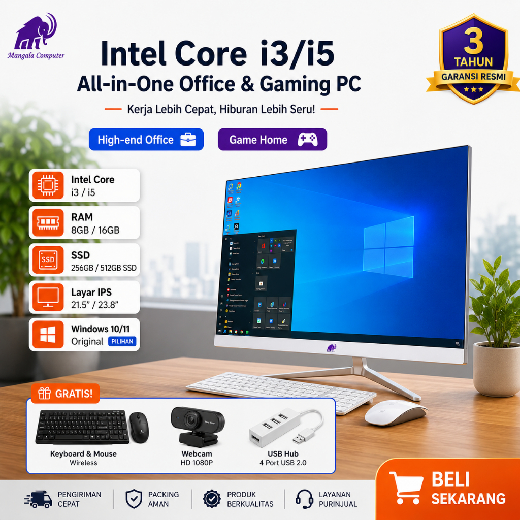 MA Komputer Full PC All-in-One Baru pcgaming Terbaru HD Super Tipis Intel Core i3/i5/i7 Untuk Rumah, Belajar, Kantor, Gaming dan Hiburan - 19/22/24/27 Inch Curve Gratis Keyboard dan Mouse! . Kemasan karton dan busa Rak Kayu Inklusif.Garansi 1 Tahun.