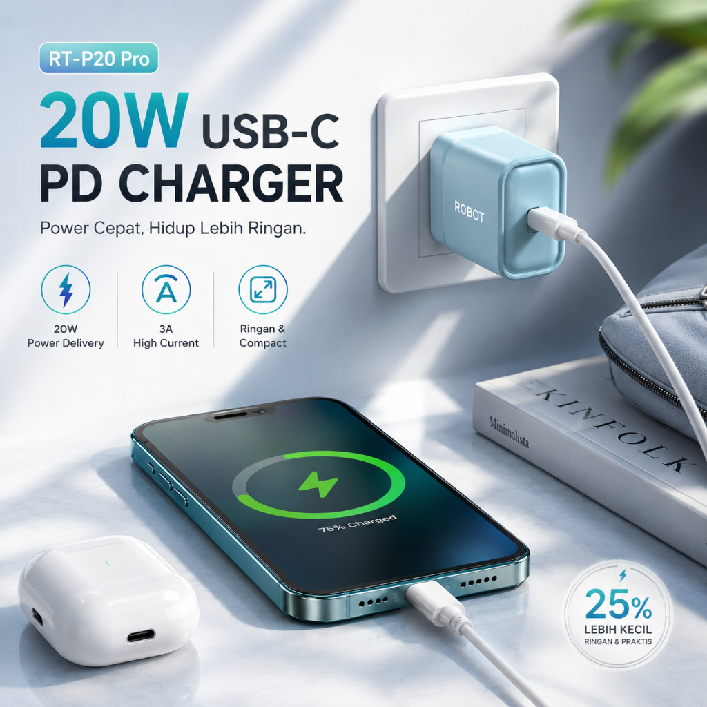 Jual ROBOT Adaptor Fast Charging PD 20W 3A Port Type C GaN Chip Smart ...