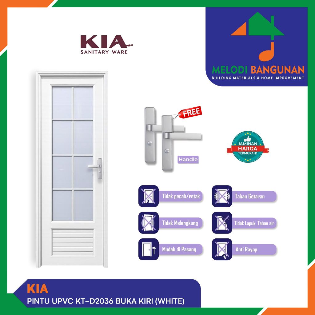 Kia - Pintu Kamar Mandi + Toilet + WC KT-D2036 UPVC White Putih 70x200 Handle Kanan Buka Kiri