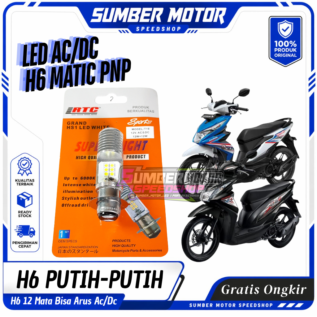 Jual RTC Bohlam Lampu Depan Beat Lampu Led H6 12 Mata PNP Honda Beat AC ...