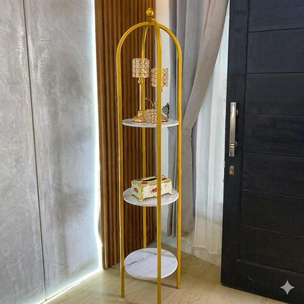 Rak Sudut Ruang Tamu Rak Sudut Mewah Arched Gold - Premium Marble Series (Diameter 35cm)