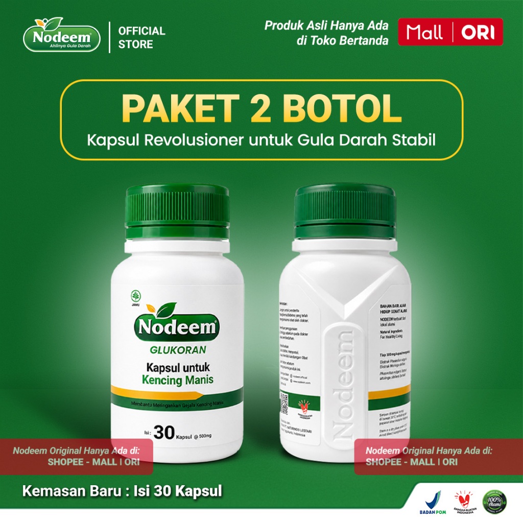 NODEEM Glukoran - Kapsul Herbal Diabetes untuk Bantu Maksimalkan Kesehatan Pankreas - Paket 2 Botol