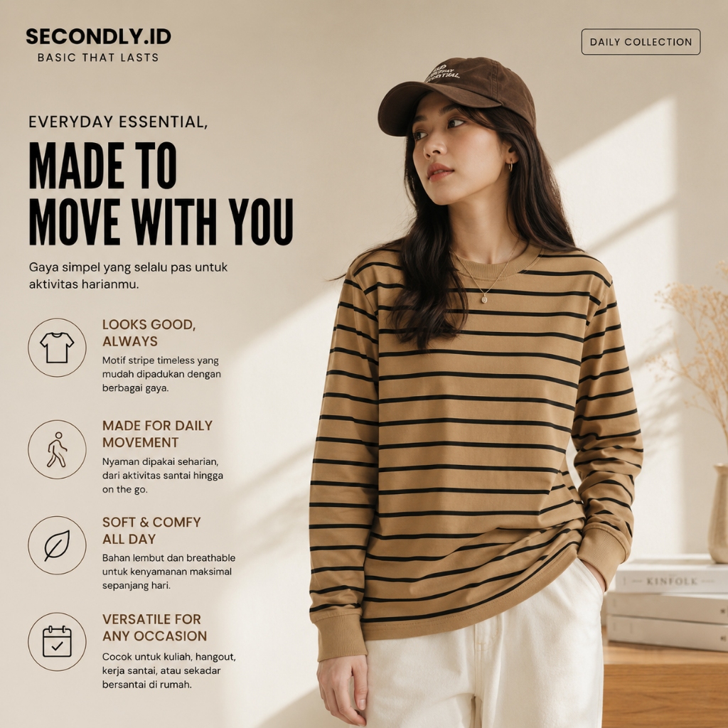 Jual SECONDLY.ID Women Striped Longsleeve Tee | Kaos Garis Medium ...