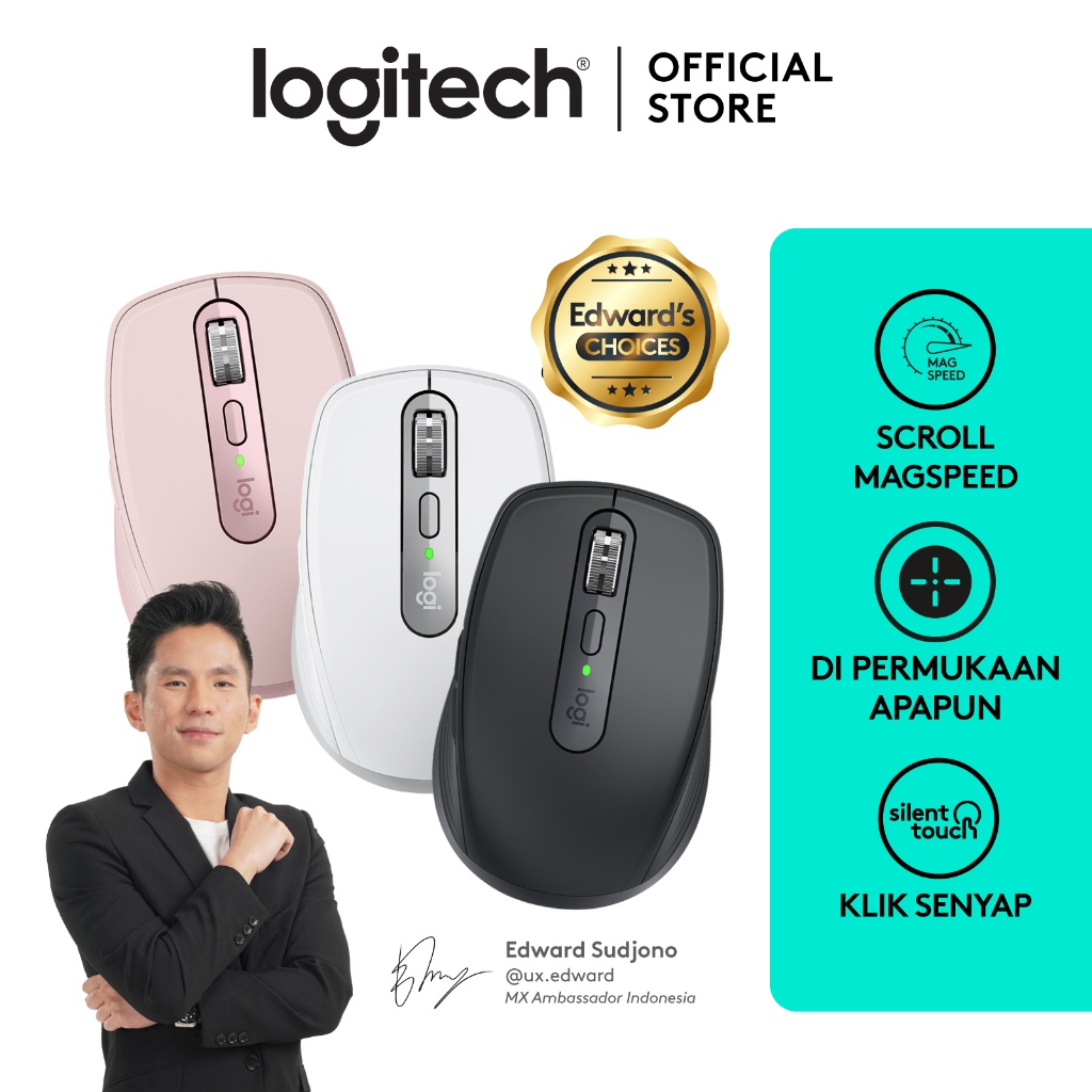 Logitech MX Anywhere 3S Mouse Wireless Silent Bluetooth Performance Compact, Scrolling Cepat, Penelusuran 8K DPI di Setiap Permukaan, Tombol yang Dapa