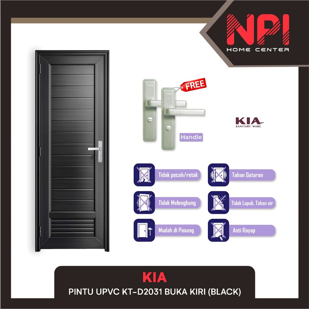 Kia - Pintu Kamar Mandi / Toilet / WC KT-D2031 UPVC Black Hitam 70x200 Handle Kanan Buka Kiri