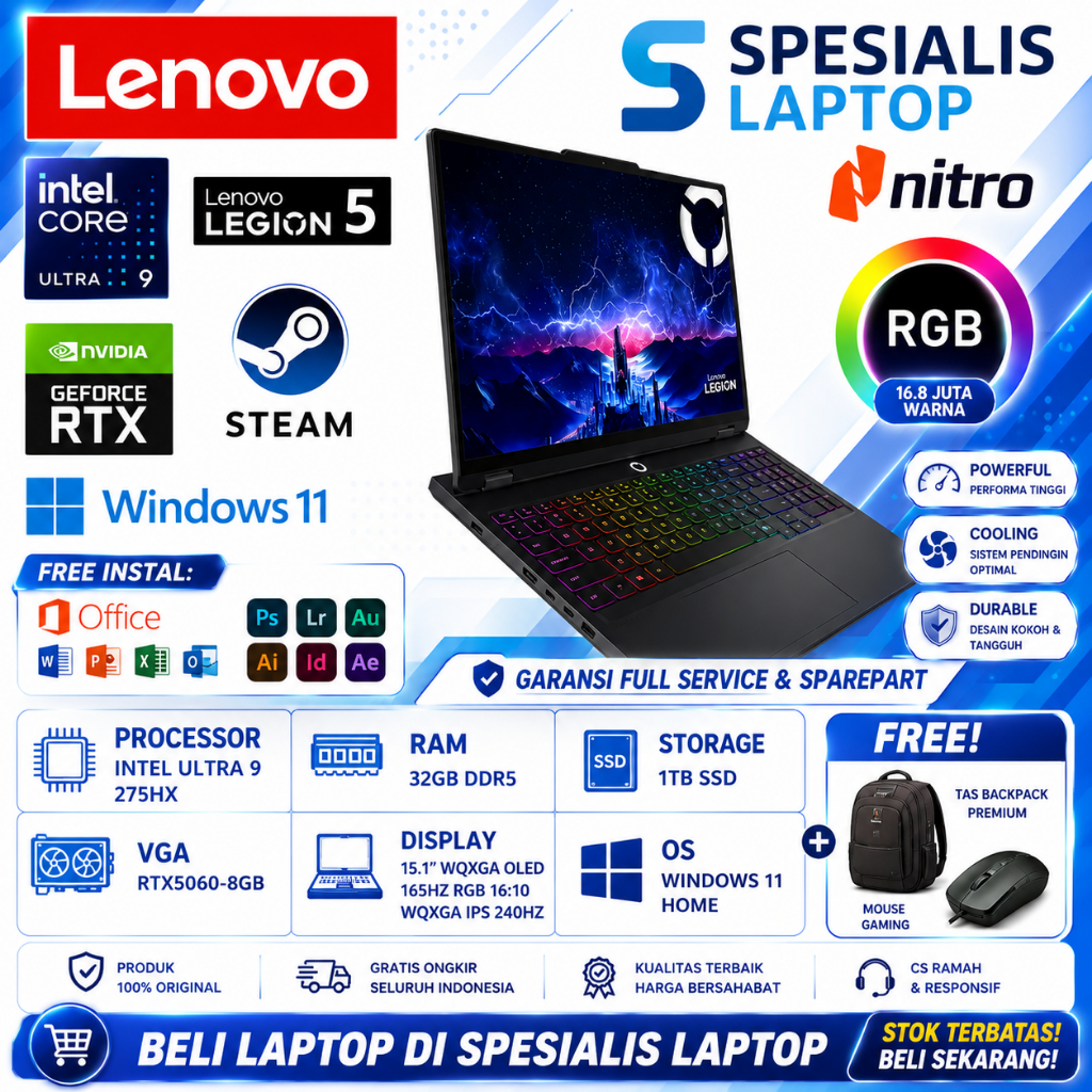 Laptop Lenovo Legion 5i 16 Intel Ultra 9 275HX Ram 32GB 2TB SSD RTX5060 16 inch Windows 11