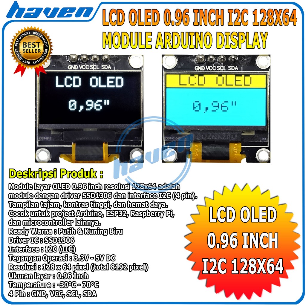 Jual Oled Mini Display 128x64 Putih Kuning Biru 0.96 0,96 Inch IIC I2C ...