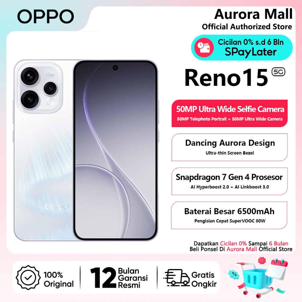 OPPO Reno15 5G 8/256GB 12/256GB (8GB+8GB Extended RAM) NFC Official Store HP Android Terbaru 2026