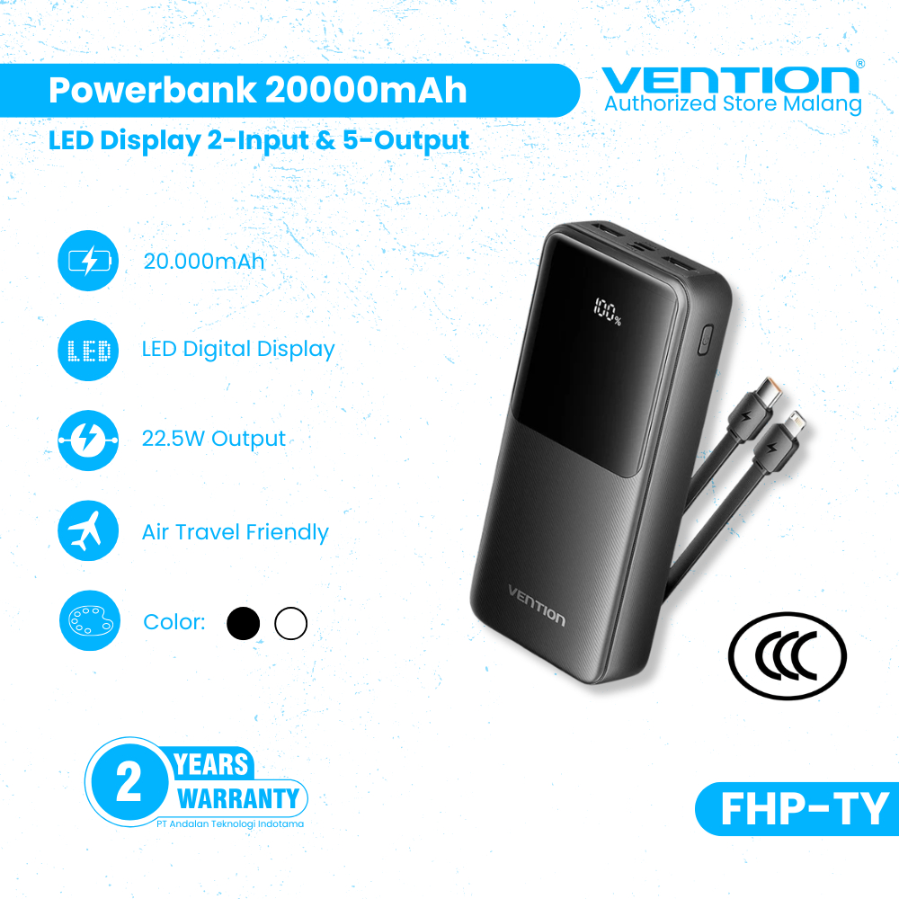 Jual Vention CCC Powerbank Built in Cable USB Type C Lightning Fast ...