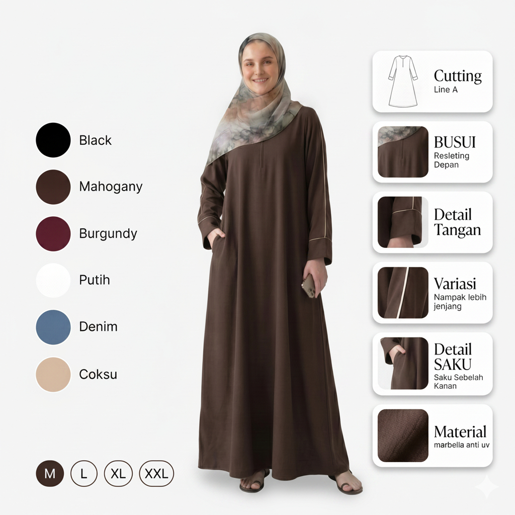 Marbella Dress Gamis Polos Casual Premium Anti UV Size M L XL XXL Baju Muslim Wanita Busui Friendly Kekinian Efek Strip Putih Kelihatan Langsing Jenjang