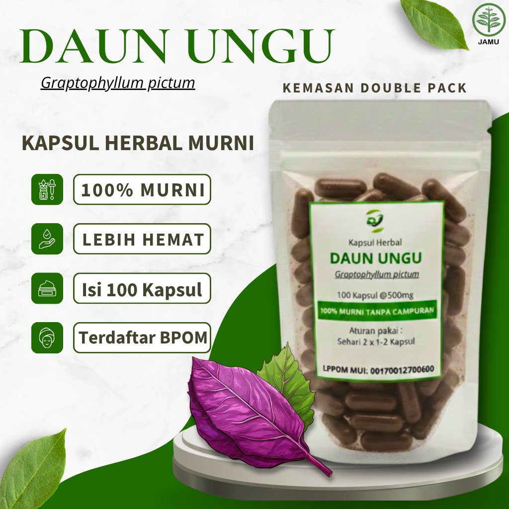 DAUN UNGU 100 Kapsul Obat Herbal Ambeien Wasir & Sembelit Alami Aman BPOM HALAL