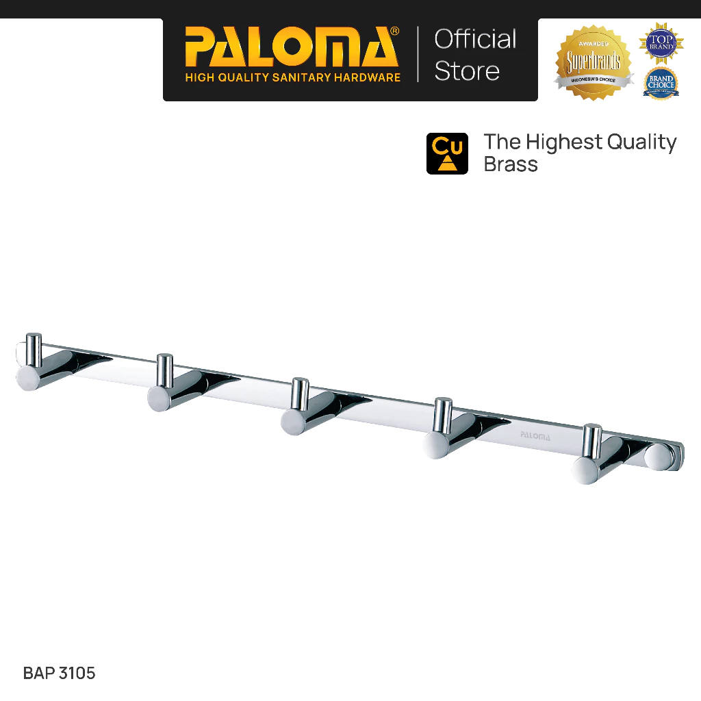 PALOMA BAP 3105 Kapstok Gantungan Baju Handuk Rak Hanger Mandi 5 Kait Brass Kuningan Chrome Krom - foto 1